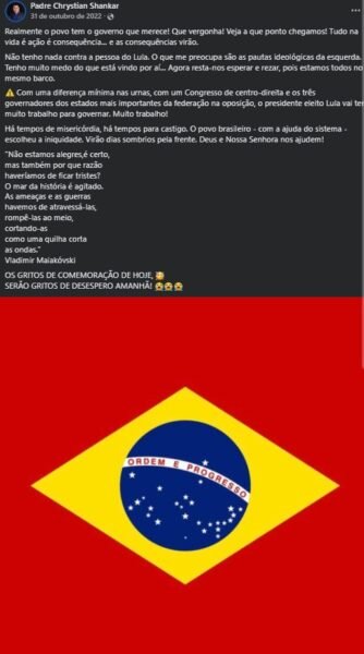 Post do padre Chrystian Shankar após as eleições de 2022. Foto: Reprodução